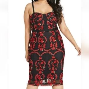 City Chic Strapless Bodycon Dress Woman 16W Red Dolce Rose Sheer Mesh Romantic